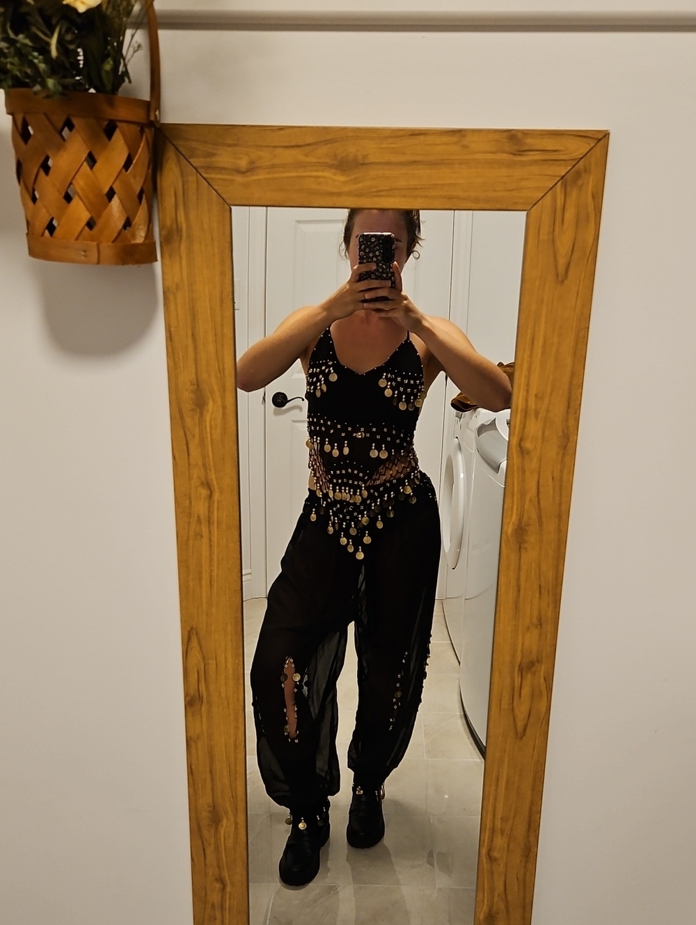 Black Embellished Sheer Halter Jumpsuit with Gold Accents